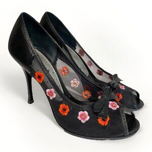 BCBGirls Docre Mesh Peep Toe Heels Stilettos Size 5.5 Black Floral Embroidered